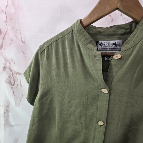 Columbia Shirt Womens XL Green Linen Button Vintage Camp Short Sleeve Mandarin - Picture 2 of 13